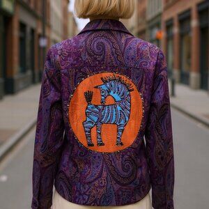 Hand Painted One Of A Kind, Bedazzled, Up-Cycled Denim Jacket